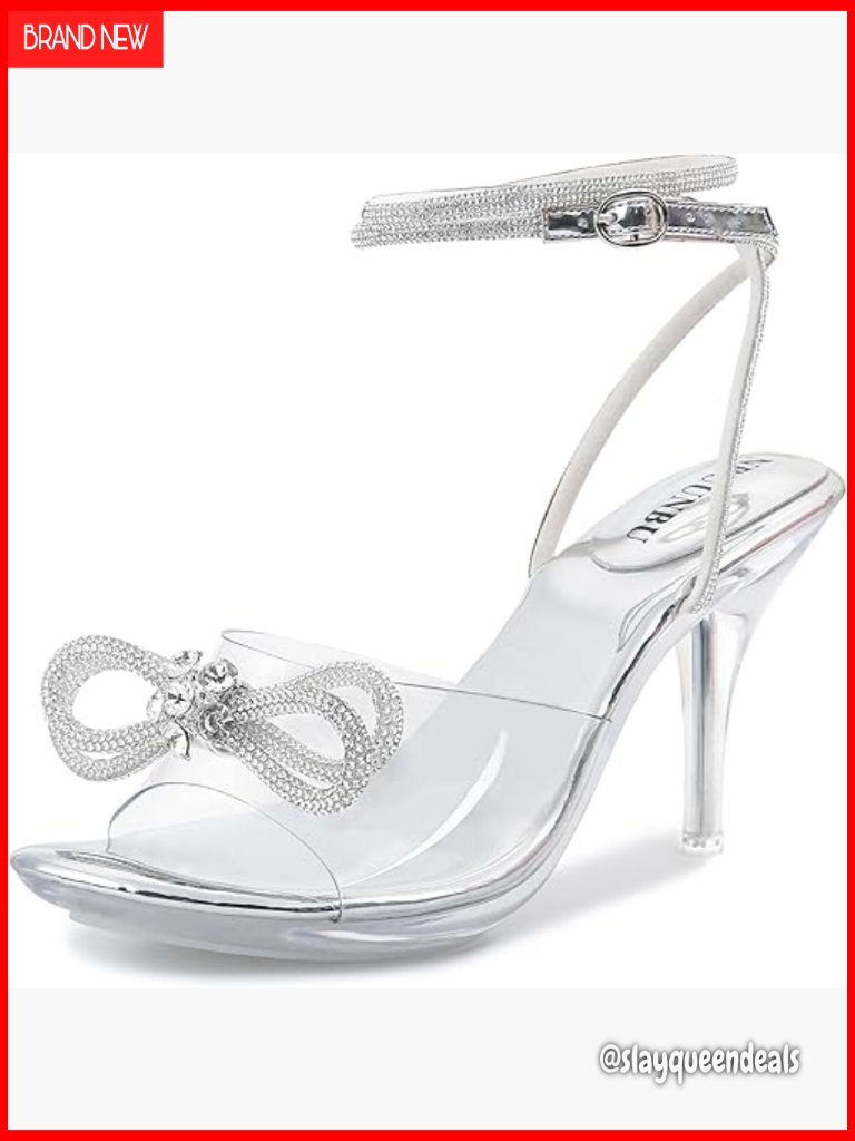 Clear Heels Rhinestone Bow Strappy Sandals Women Kitten Stilettos Wedding